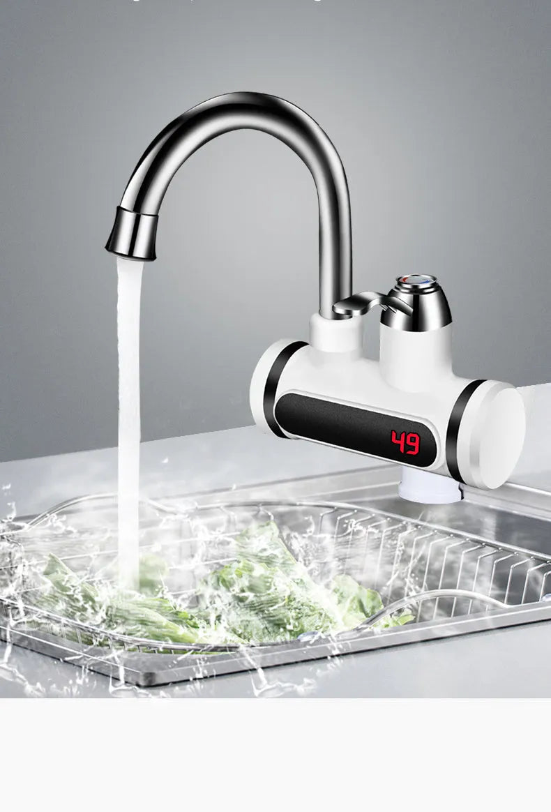 White kitchen instant electric water heater tap with digital temperature display and power cord.