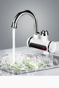 White kitchen instant electric water heater tap with digital temperature display and power cord.