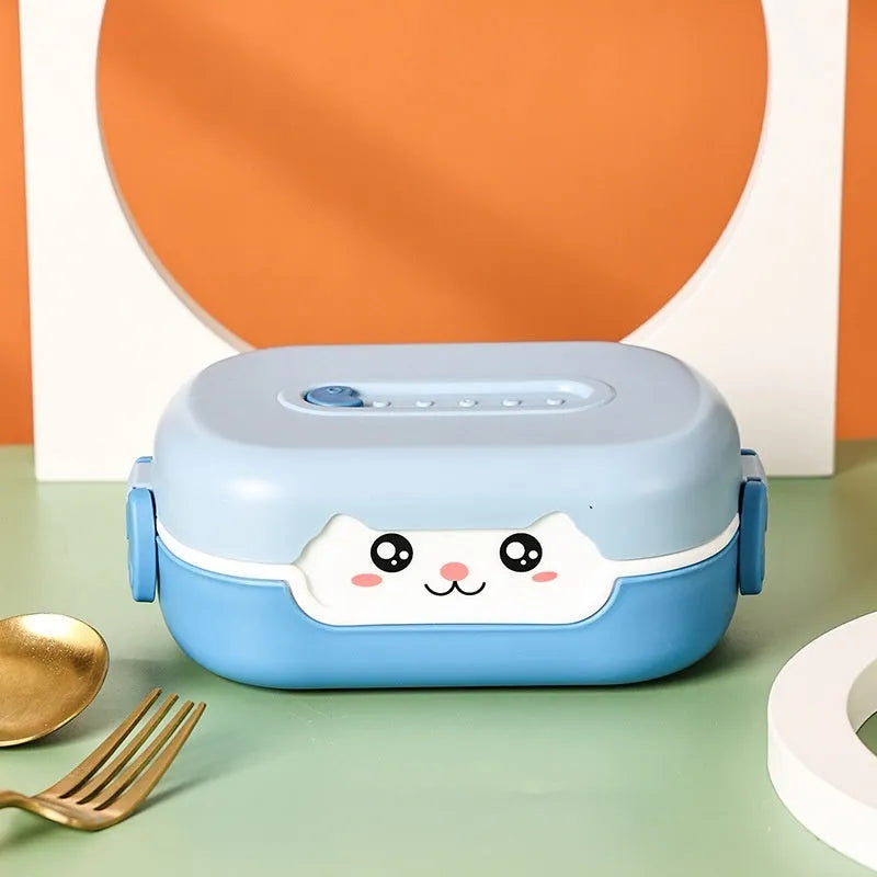 Square plastic divided lunch box with cartoon design in dark blue, orange yellow, or pink and green colours.