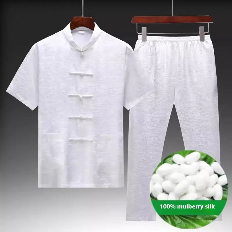 Traditional mulberry silk Chinese Tang suit for men in light green, navy blue, or white colour options