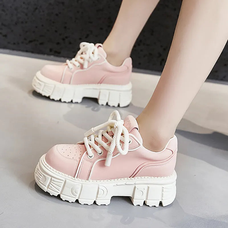 Women's beige and pink casual leather shoes with a height-increasing sole.