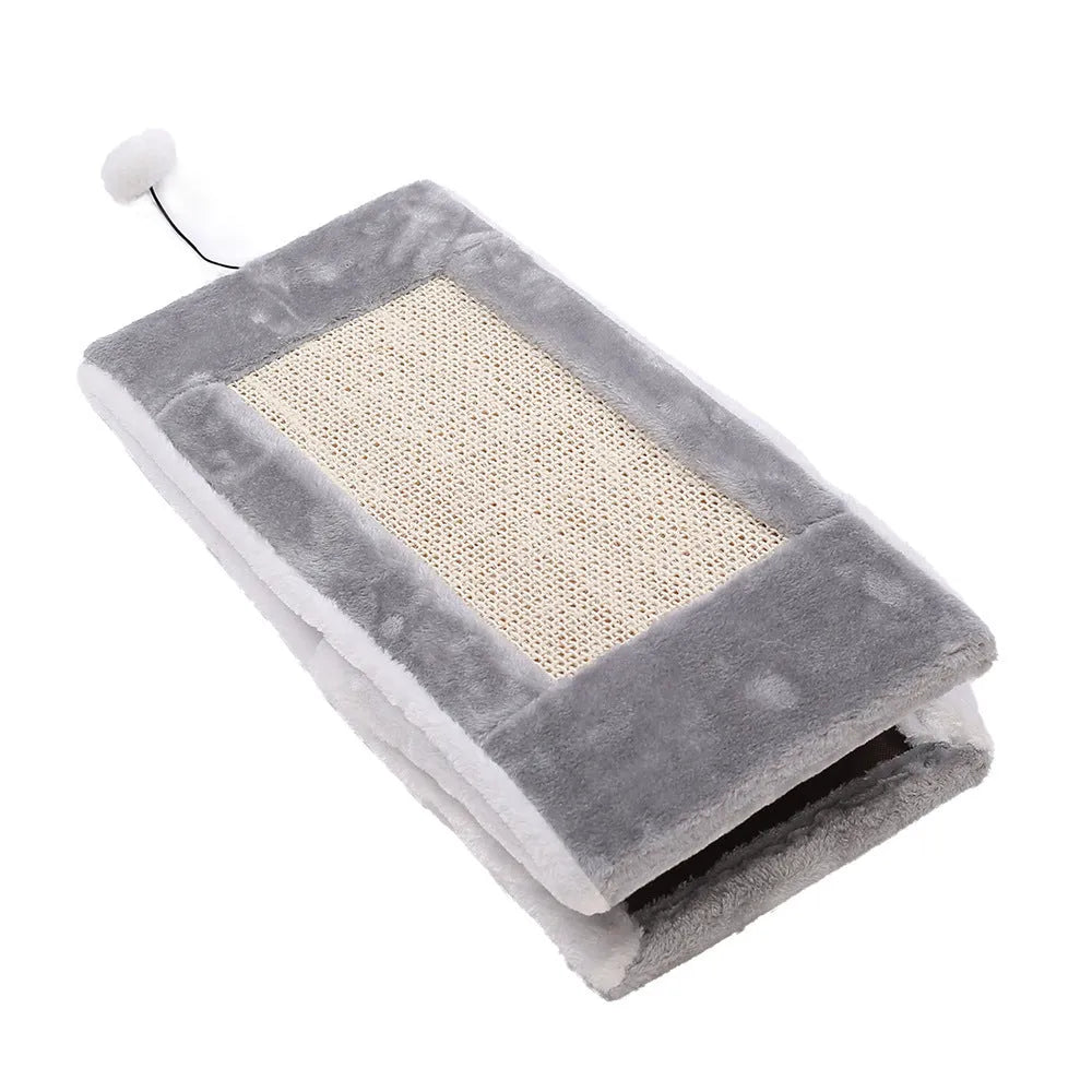 Triangular cat bed with fur covering in gray white or light brown beige colors featuring a scratching surface