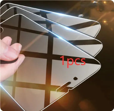 Transparent tempered glass screen protector for Apple iPhone on a white background.