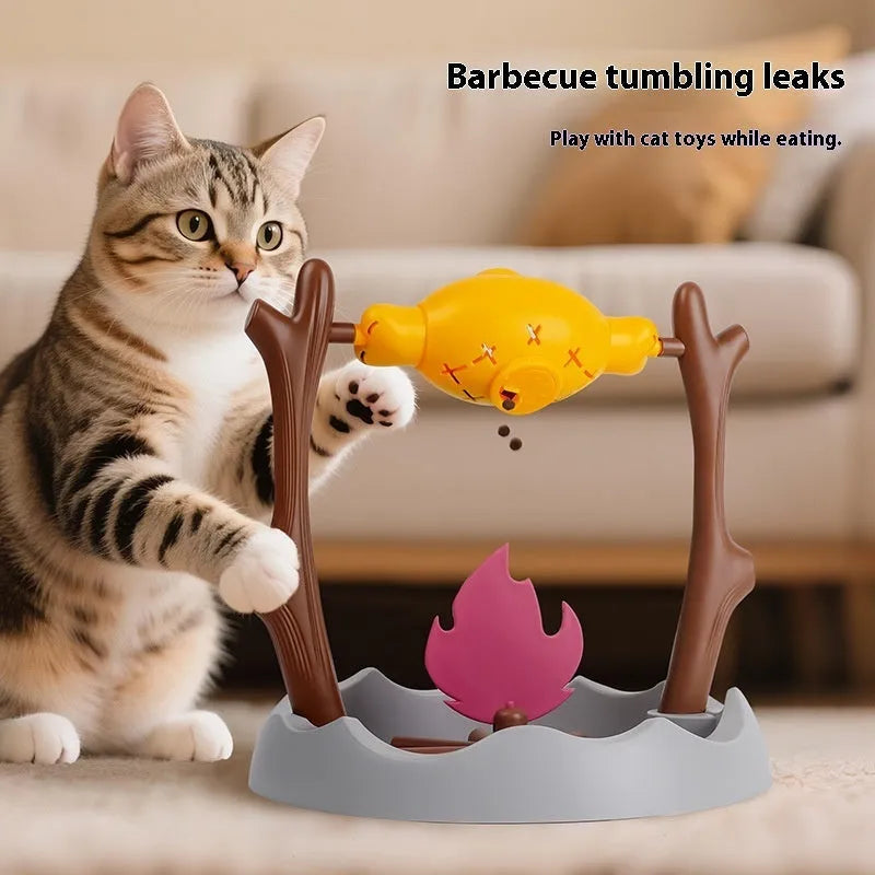Barbecue-style tumbling cat food feeder with leakage control measuring 30x30x29cm
