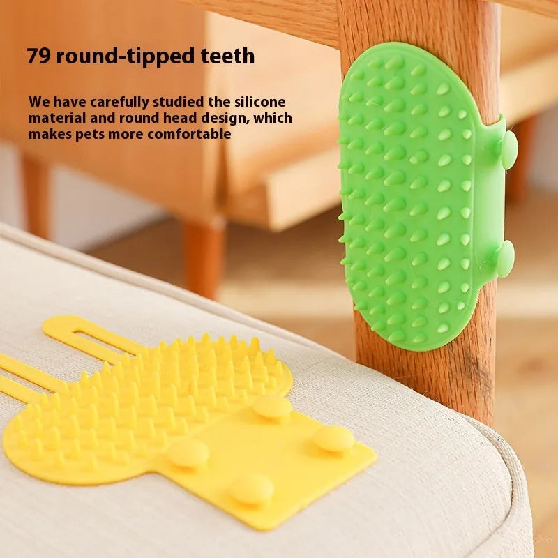 Silicone cat scratching massage comb with adjustable strap in one of four colours: black, green, pink, or yellow