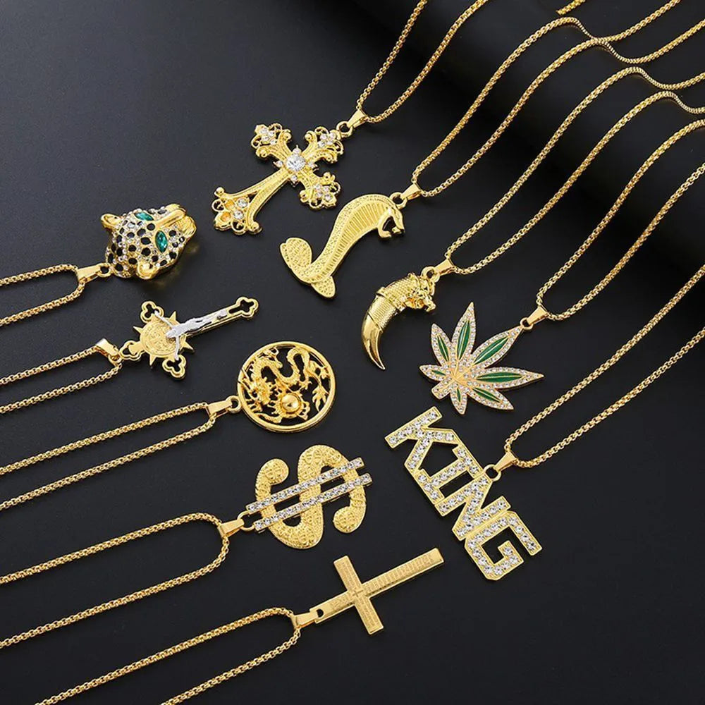 Gold geometric pendant necklace with inlaid zircon stones for women
