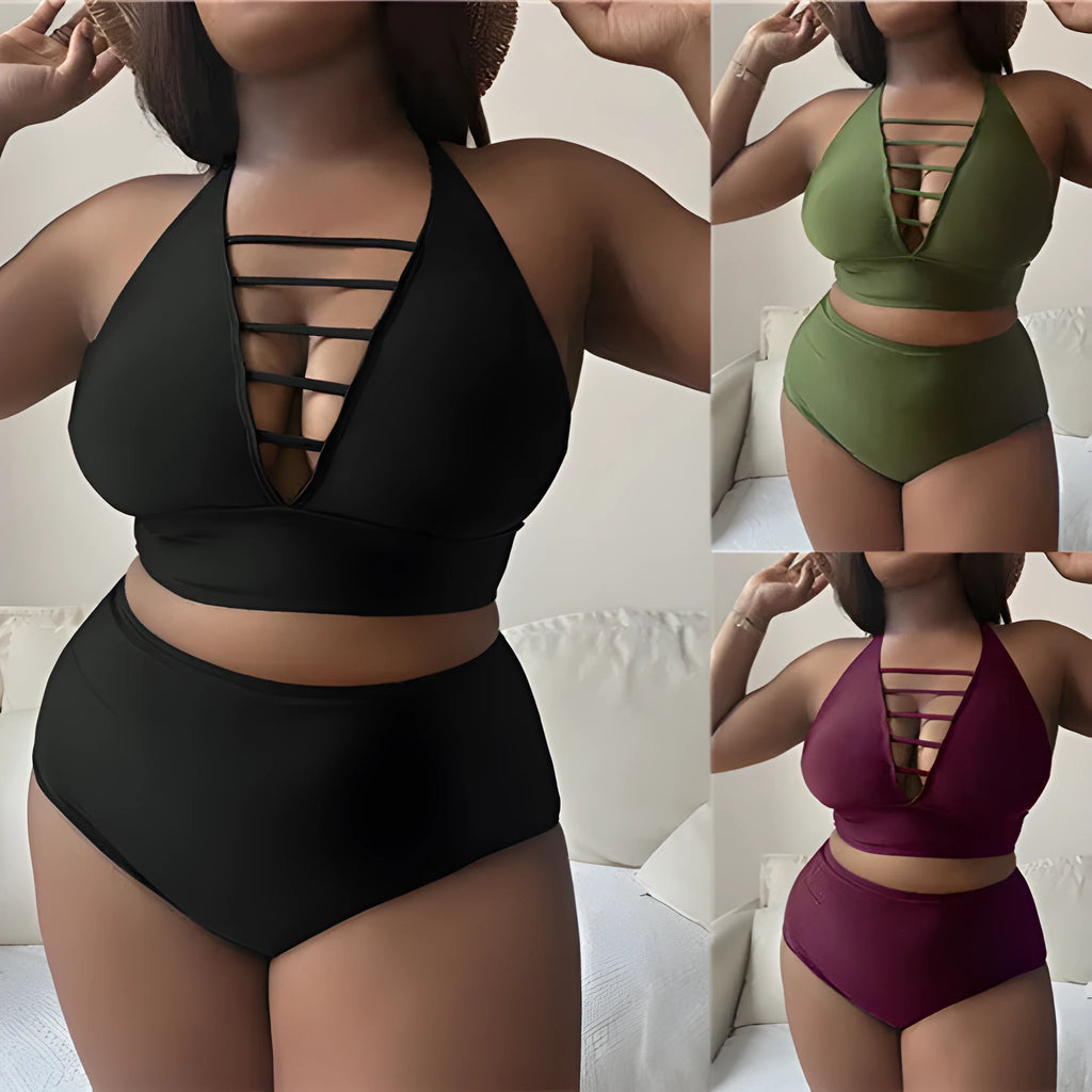 Plus size woman in a black halter bikini with cross-back straps and high-waist briefs on the beach.