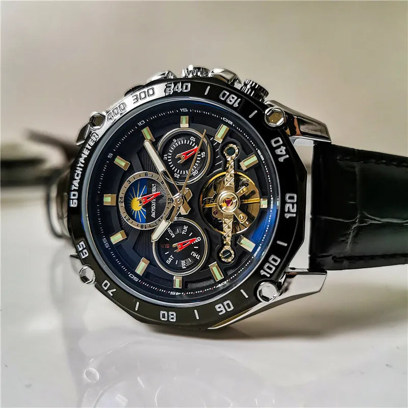 Men's automatic mechanical watch showing 12mm thickness and various colour options including silver case and black dial