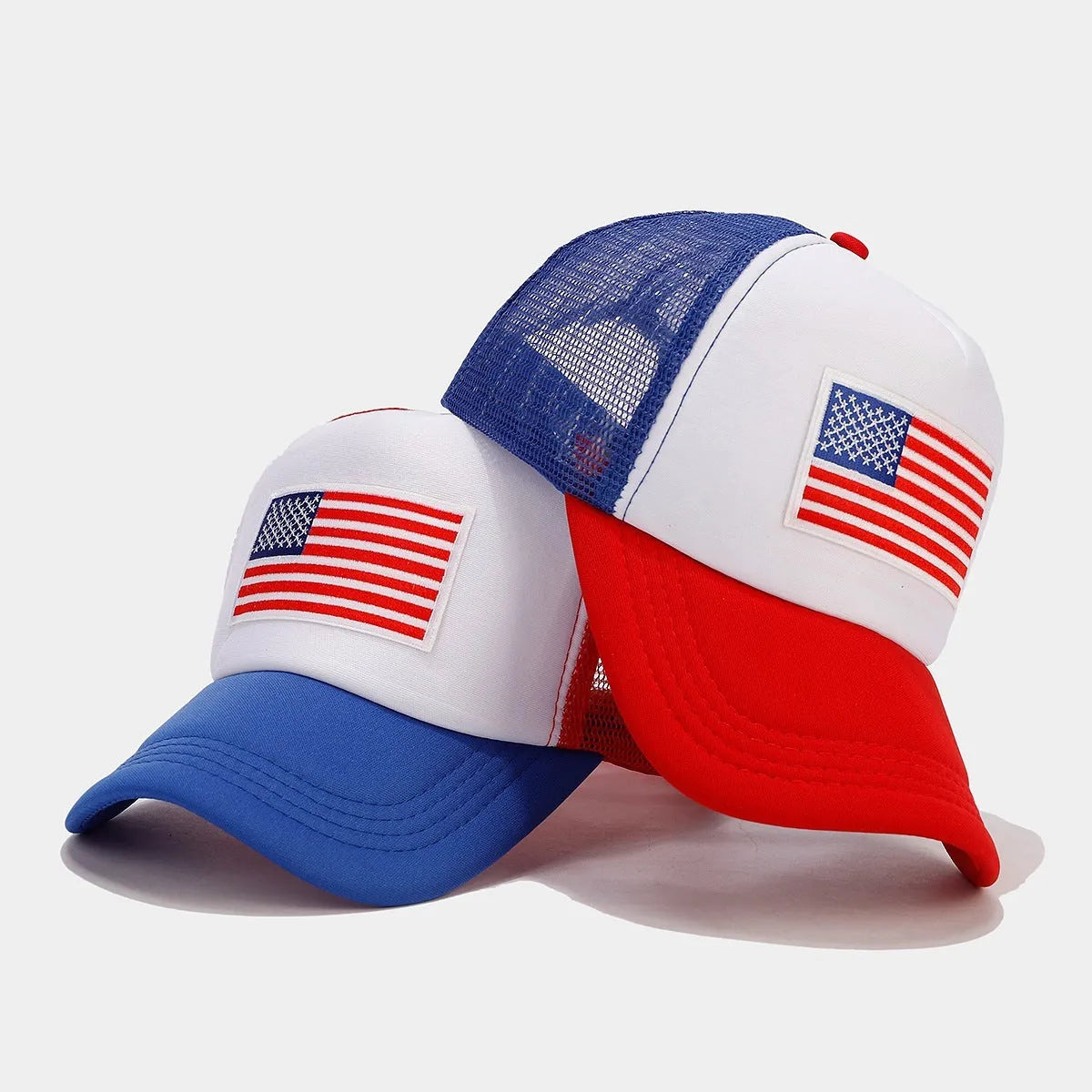 Red and blue contrast mesh baseball cap with adjustable back closure