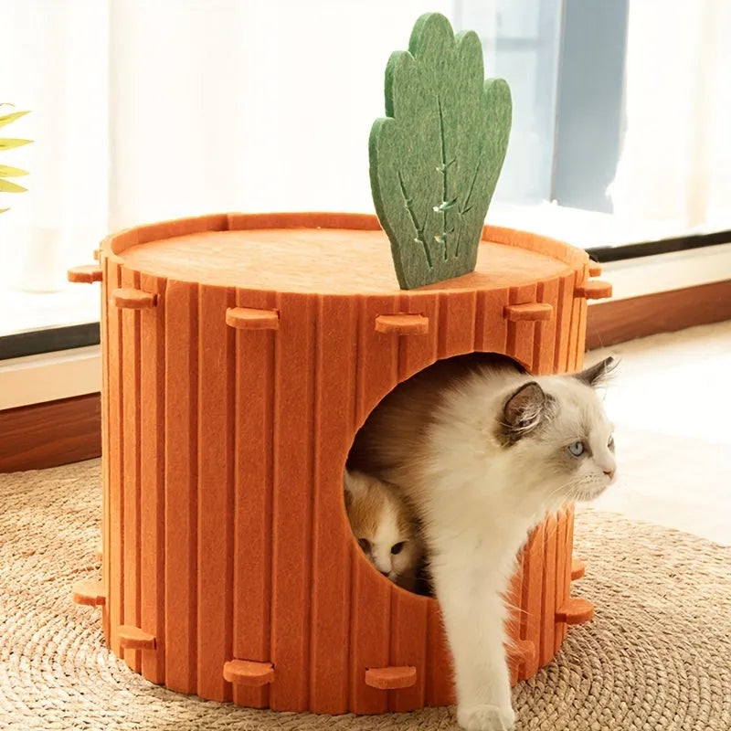 Carrot-shaped felt cat tunnel nest showing semi-enclosed design with two size options