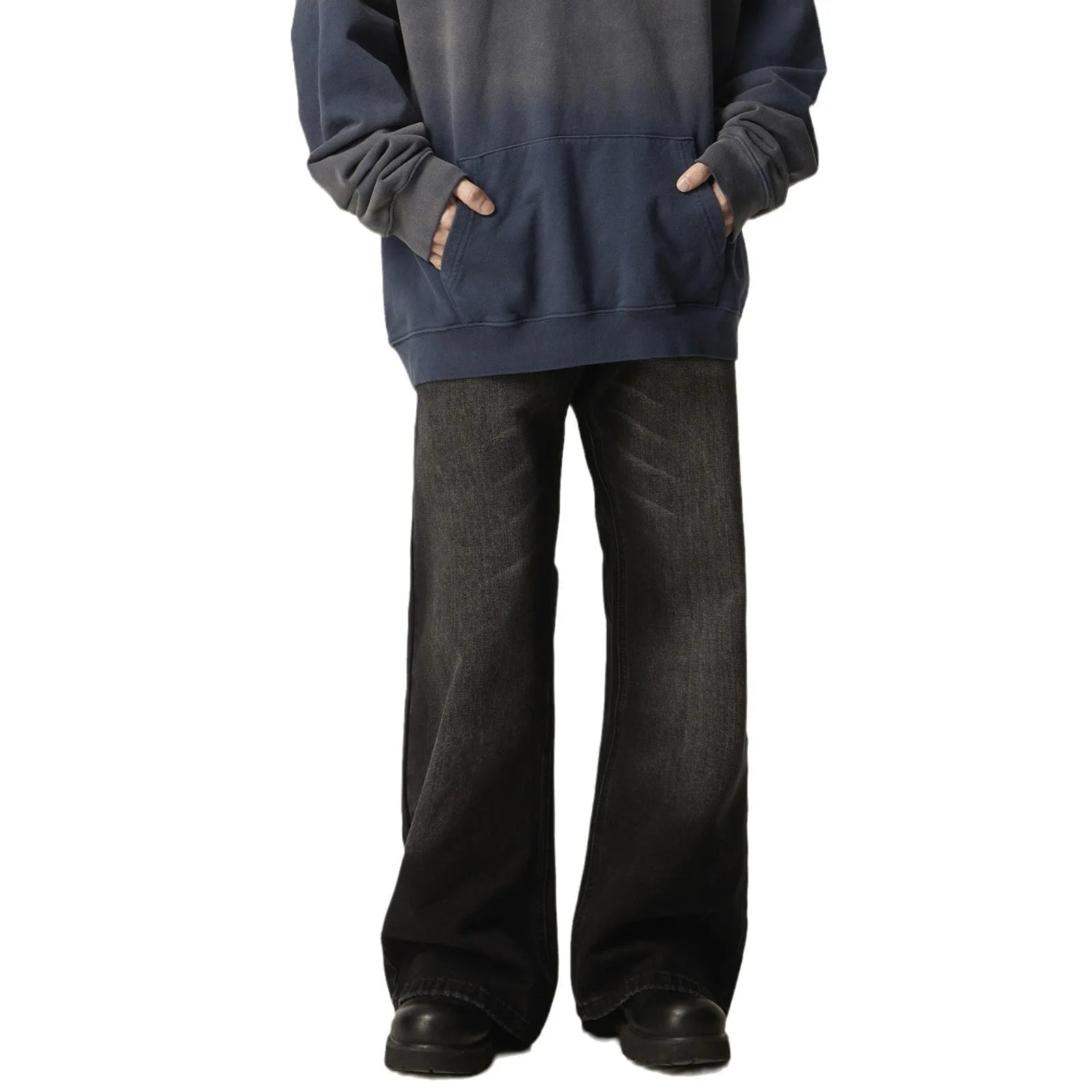Black loose straight-leg jeans with retro styling and zipper fly
