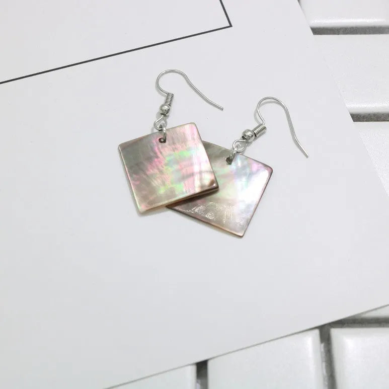 Geometric shell earrings with natural retro styling in square panther or rectangular shell colour options