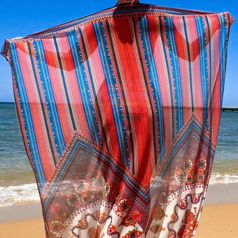 Women's three-piece swimsuit set showing high-waist bikini bottoms, cutout blouse top, and matching cover-up coat