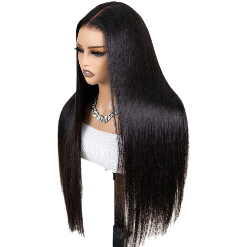 13x6 straight lace front human hair wig in black showing natural hairline and straight style