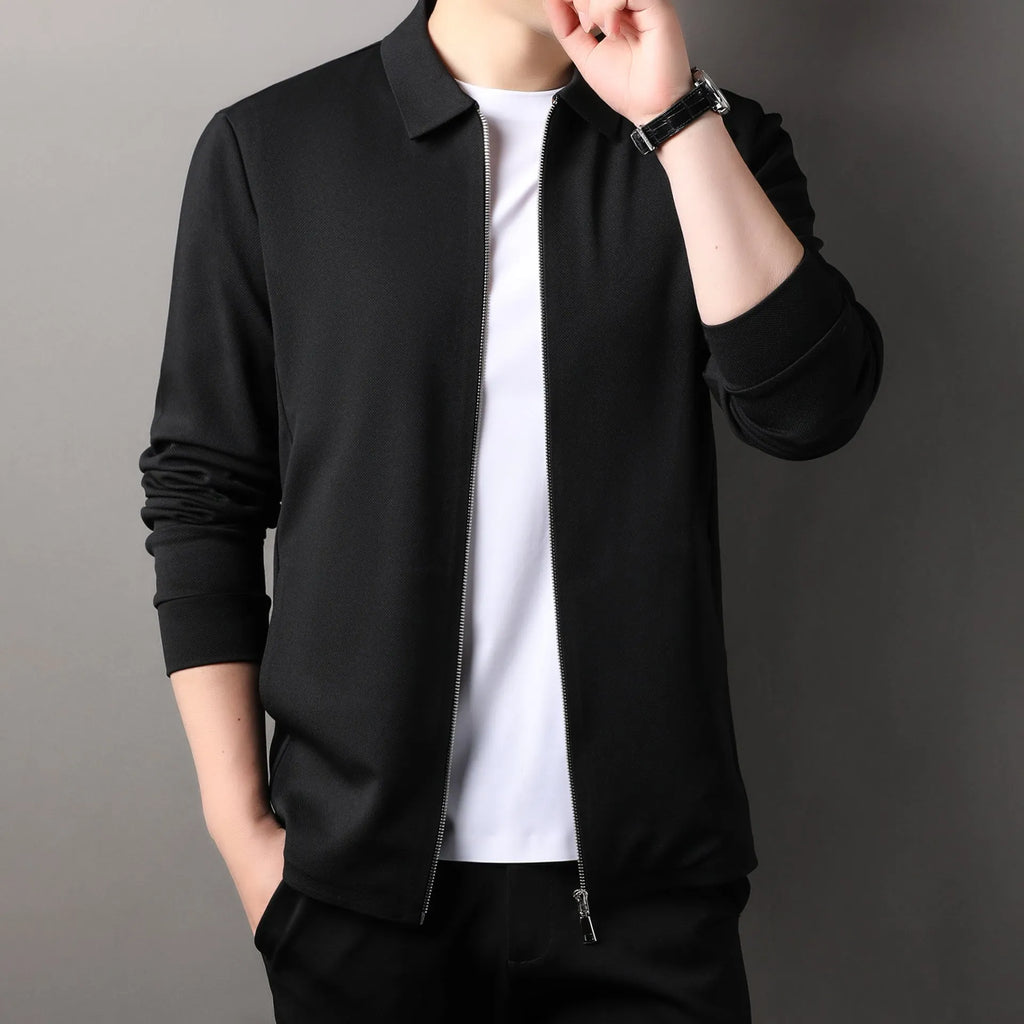 Men's polyester business casual jacket in black colour with straight hem and long sleeves