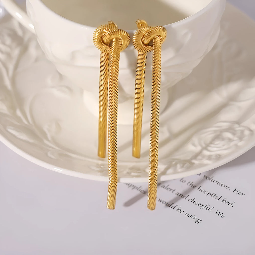 Gold titanium steel knotted tassel necklace and matching earrings set with snake chain