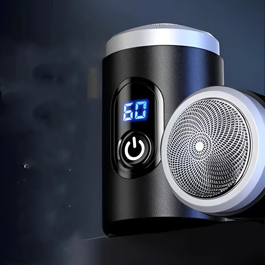 Black portable USB rechargeable shaver with cleaning brush and protective cover.