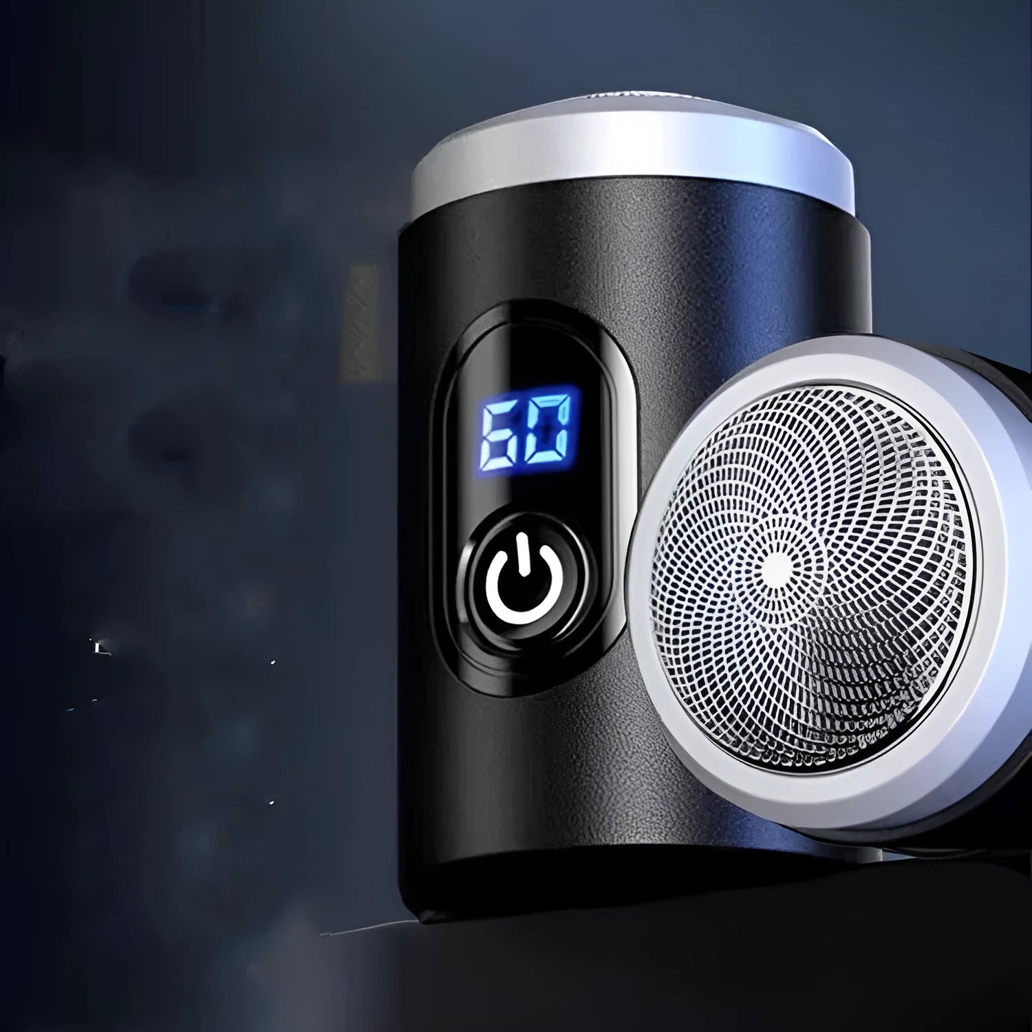 Black portable USB rechargeable shaver with cleaning brush and protective cover.