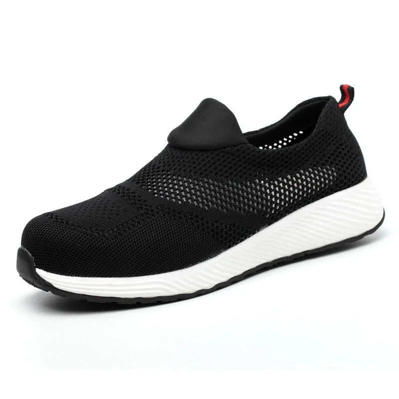 Men's lightweight steel toe work shoes with mesh upper in black colour