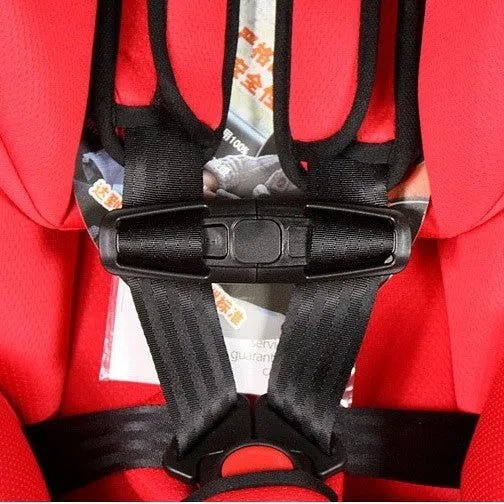 Black nylon seat belt buckle for child car seat harness, shown with a 5-point strap diagram.