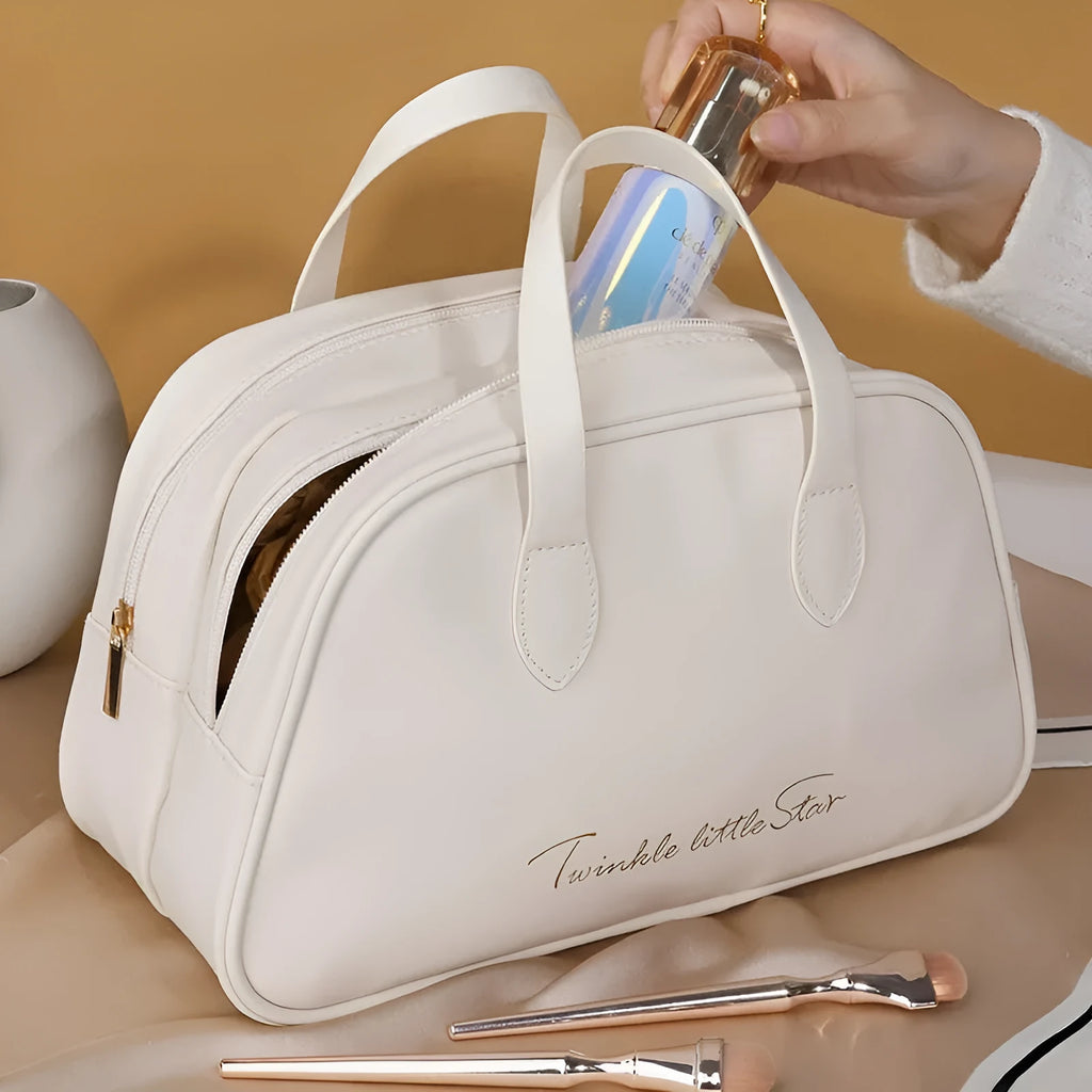 Large capacity leather travel toiletry bag in PU with dry wet separation compartments