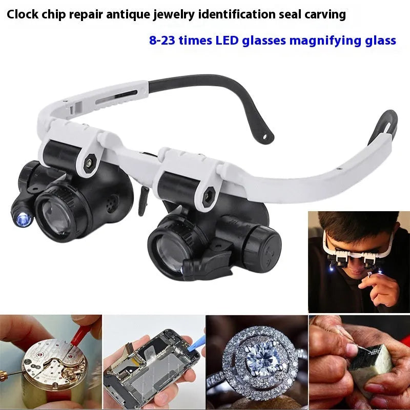 White head mounted magnifying glass with 30x optical glass lens and LED light for repair work