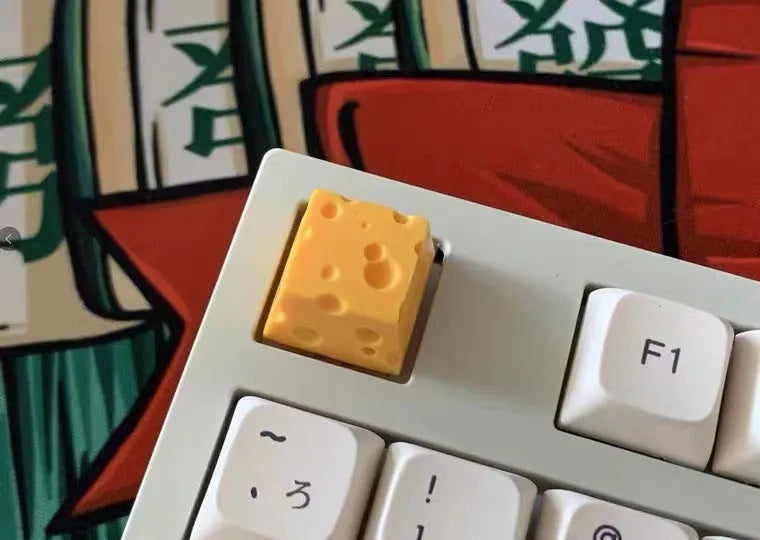 Yellow resin cheese decorative key cap with detailed 3D sculpted design for mechanical keyboards