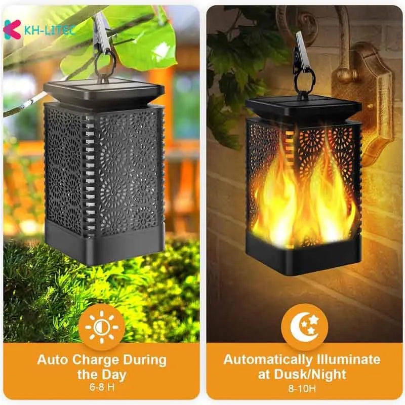 Set of four black solar-powered LED lanterns with flickering flame effect for garden paths.