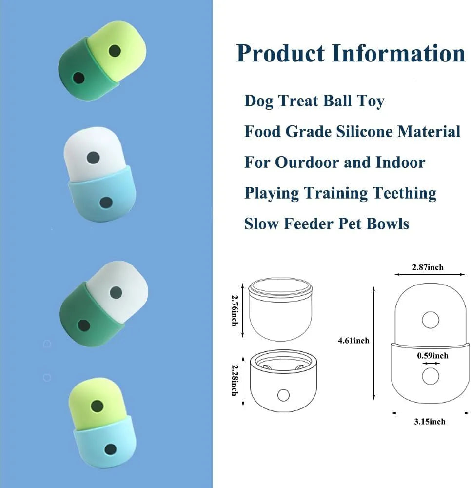 Colourful silicone dog treat puzzle ball shown in blue, green, and yellow, next to dog treats.