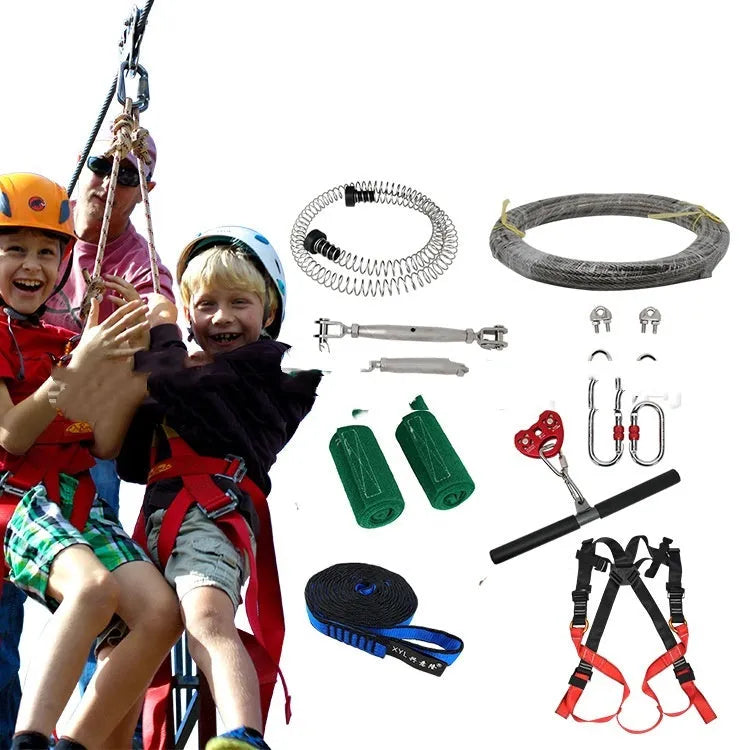 Ziptreck 10-metre children's pulley slide rope set with alloy steel pulleys, safety equipment and multiple locks