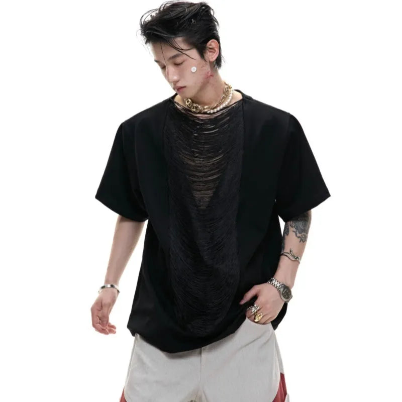Men's black loose fit short sleeve T-shirt with V-neck hollow out collar