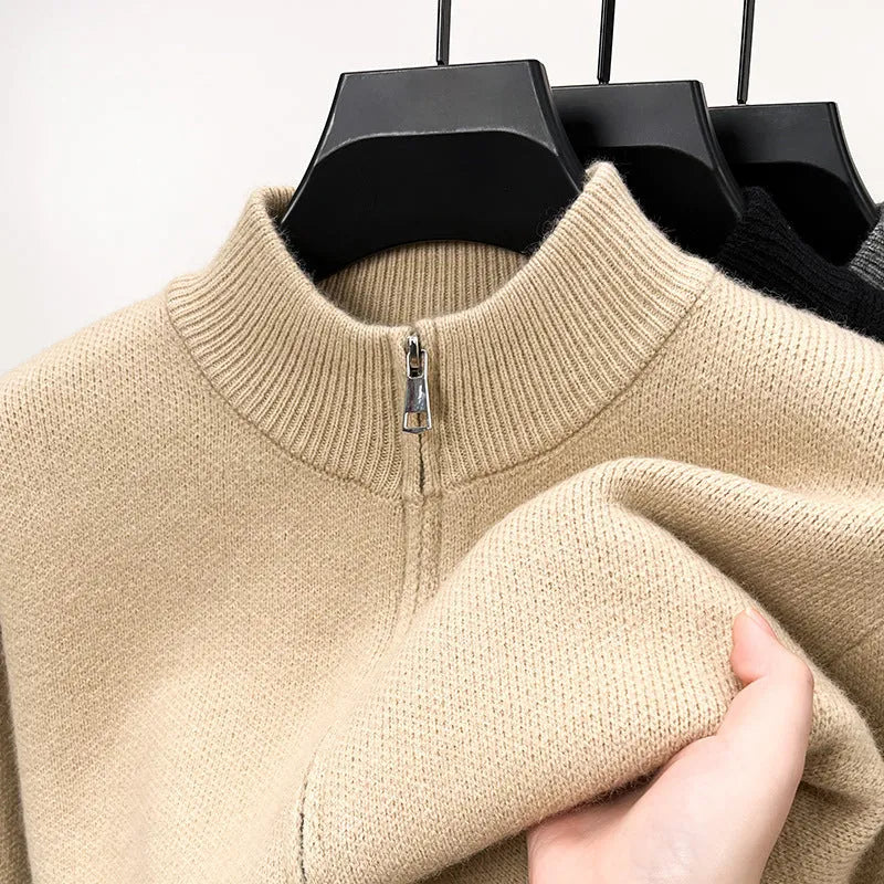 Men's loose fit grey stand collar cardigan with a full front zipper.