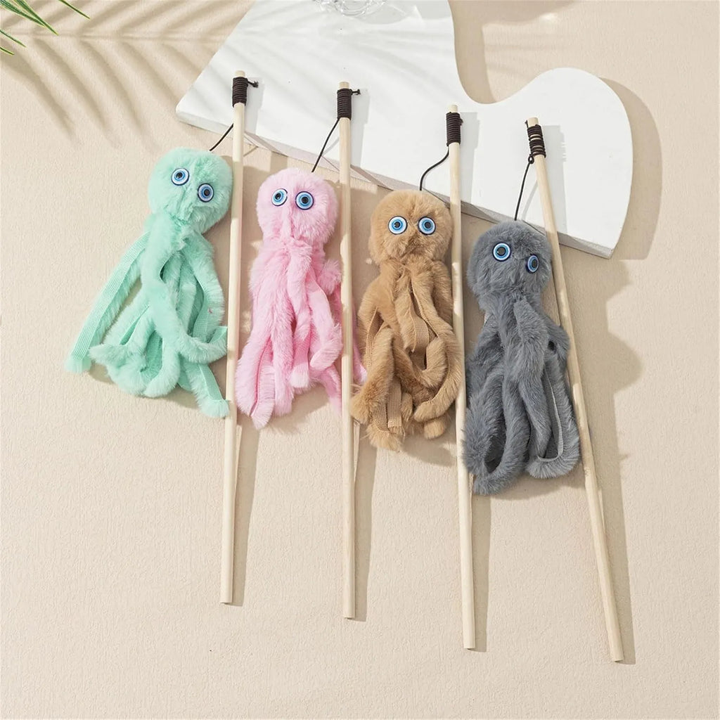 Long stick cat wand with colourful furry octopus toy for indoor kittens and cats
