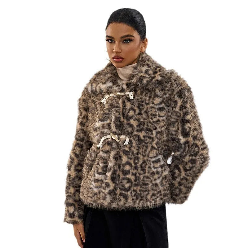 Women's leopard print coat with buckle lapel detail in polyester fabric
