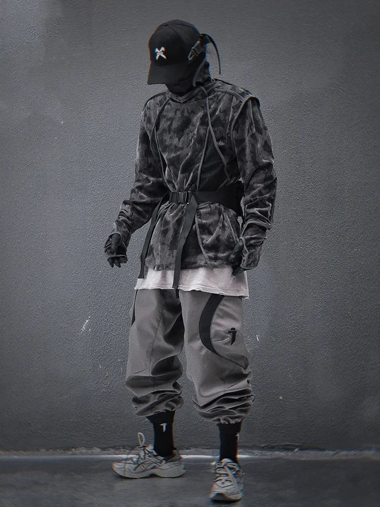 Men's black tie-dye pattern pullover sweater with drop-shoulder sleeves and loose casual fit