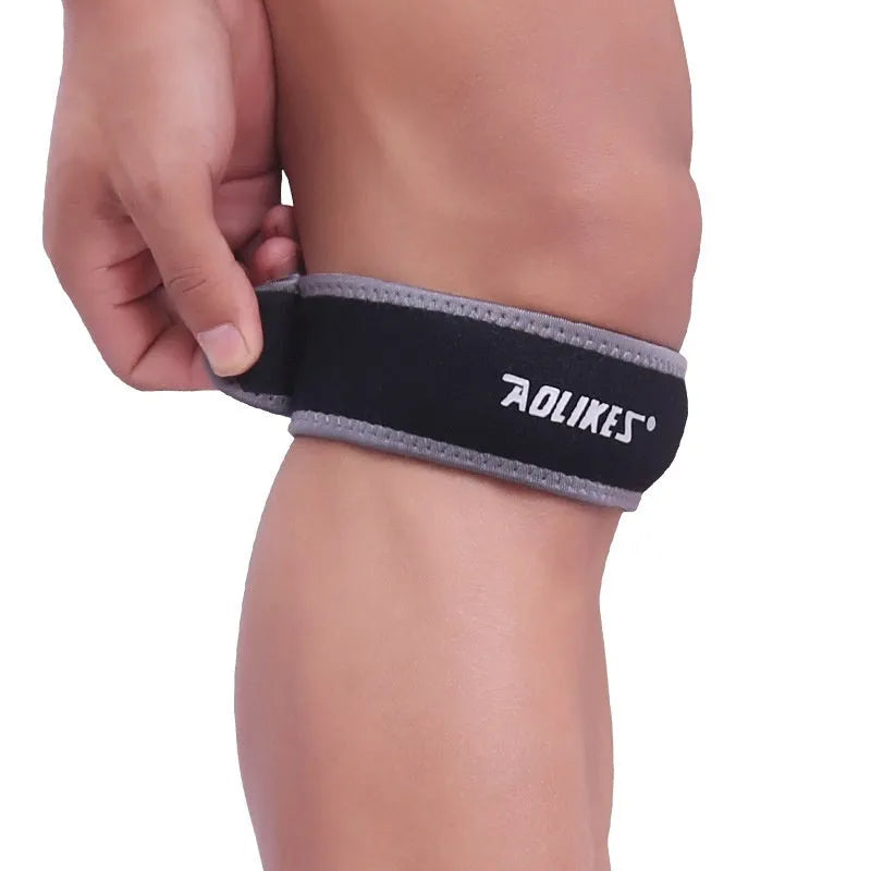 Black and grey patella retinaculum knee support for running, football, basketball, and cycling sports