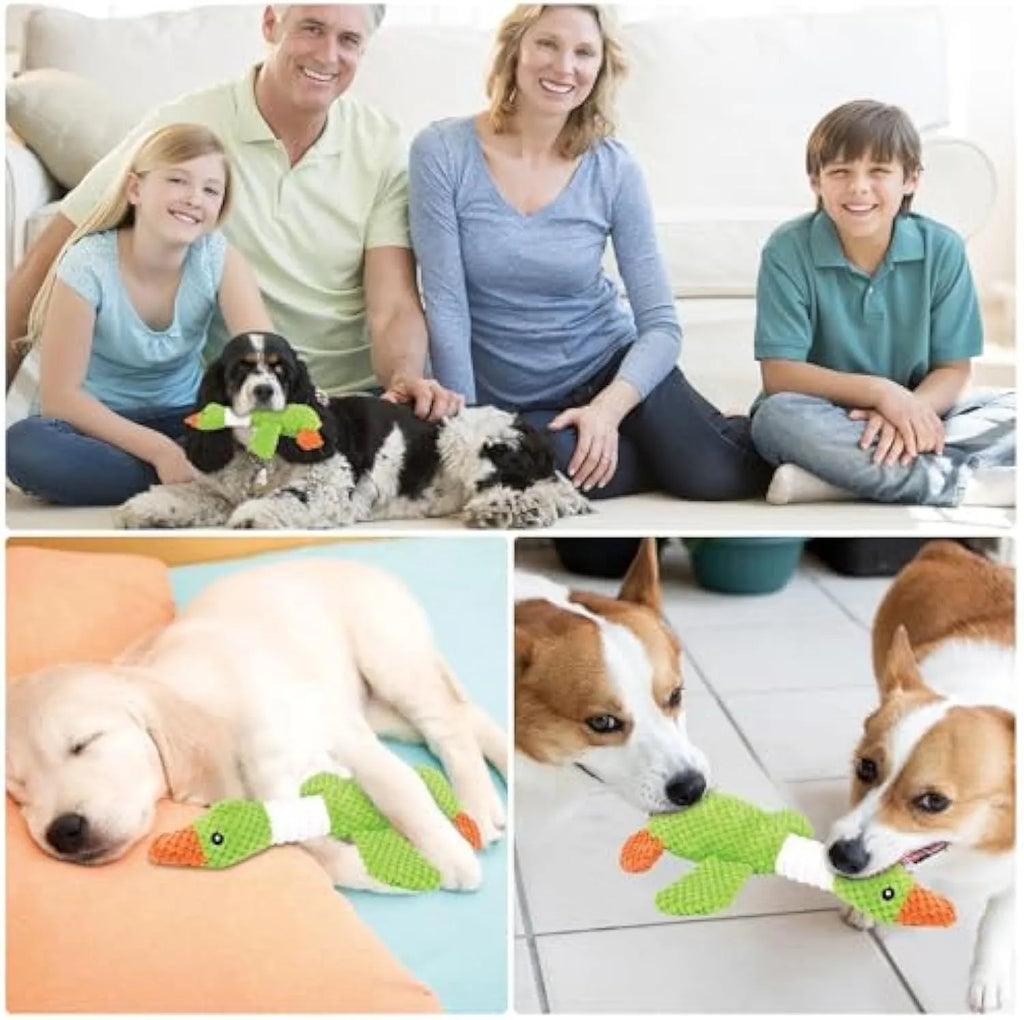 Blue duck-shaped plush dog toy with dual squeakers measuring 33cm long
