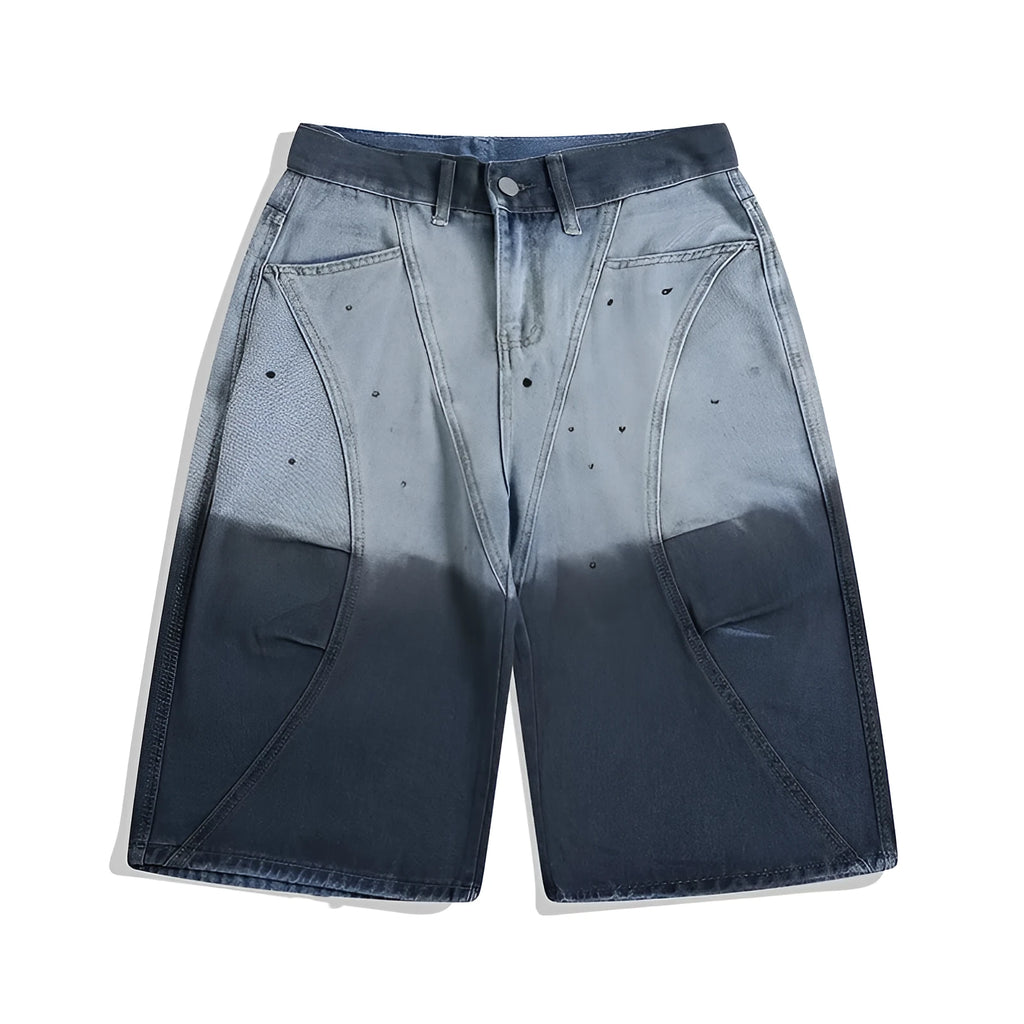Blue tie-dye gradient cropped jeans with washed-out finish and loose fit