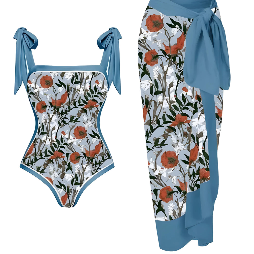 Women's printed chiffon two-piece swimsuit set with matching hip skirt in floral design