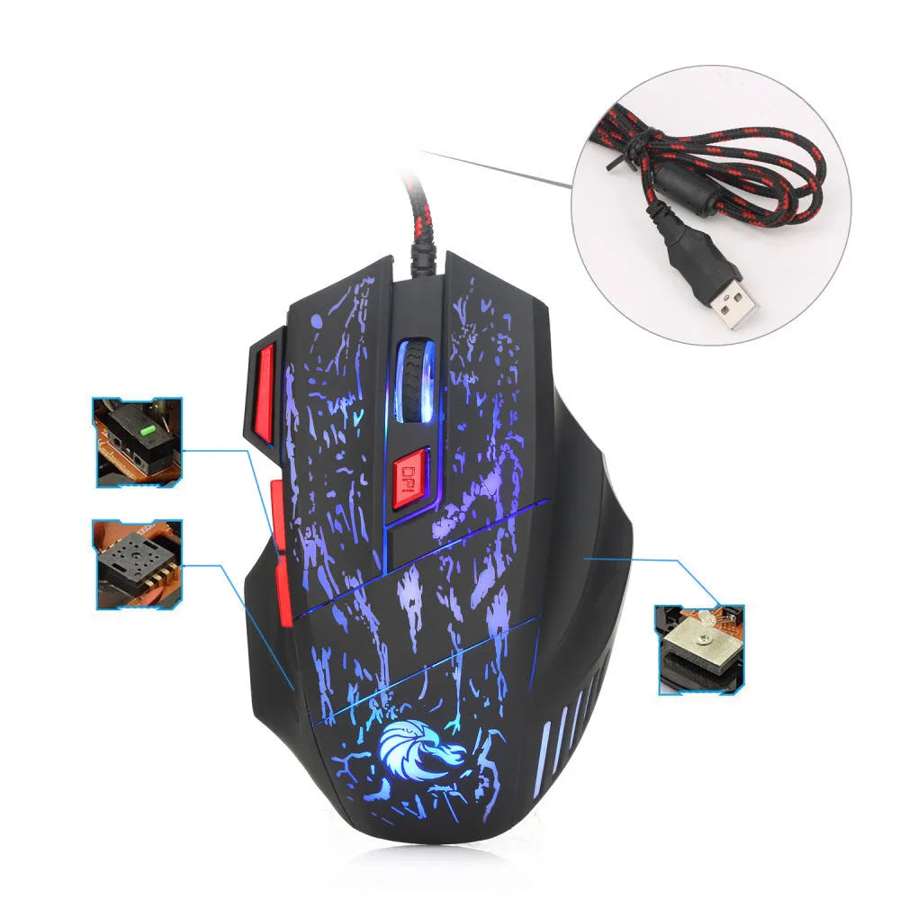 Black H300BK gaming mouse with colourful luminous crack design and USB cable