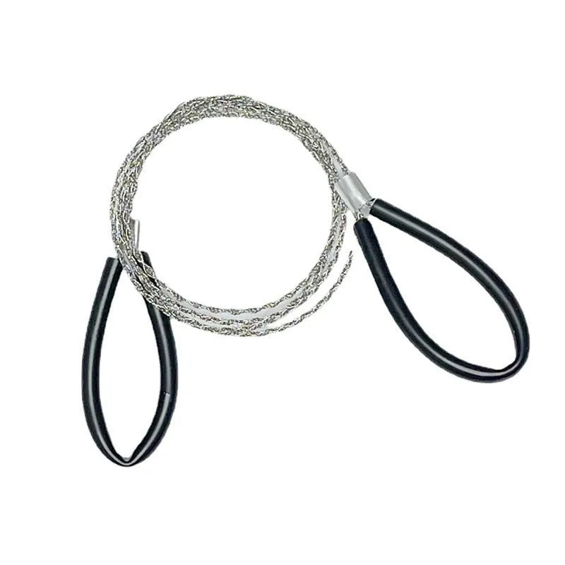 German stainless steel survival wire saw with leather hand case, showing black and red colour options.