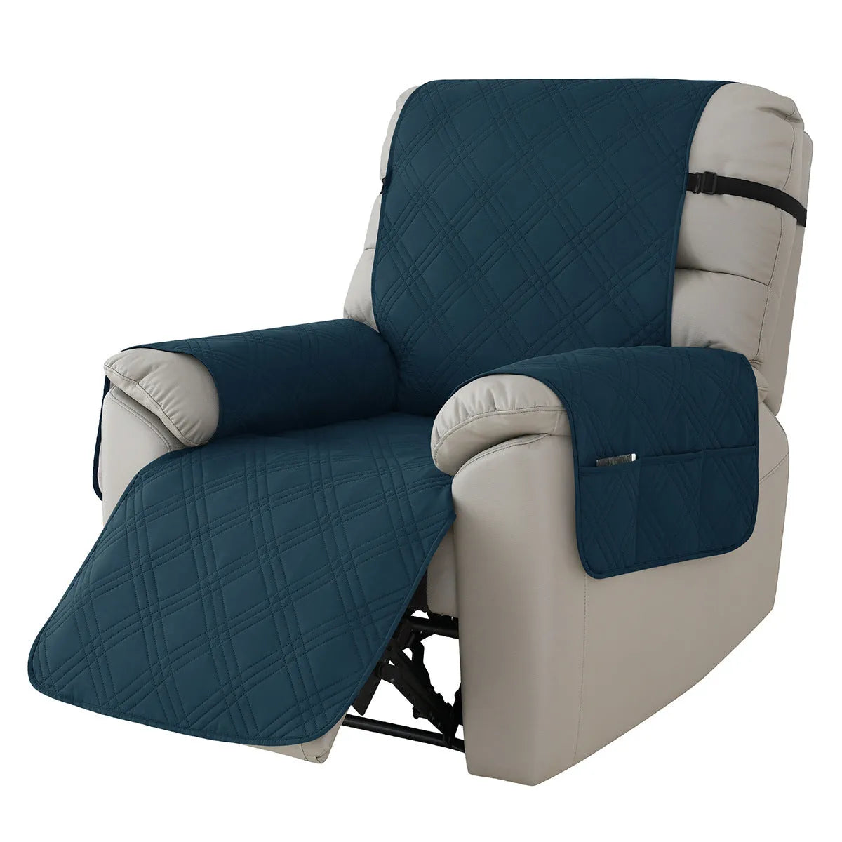 Quilted waterproof sofa cover in burgundy on a Chivas massage chair, showing three-line stitching and fitted design.