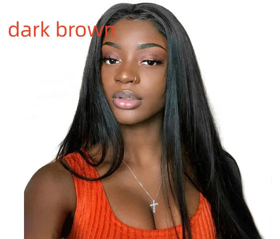 Long straight black wig with centre-parted bangs on wig stand
