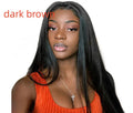 Long straight black wig with centre-parted bangs on wig stand