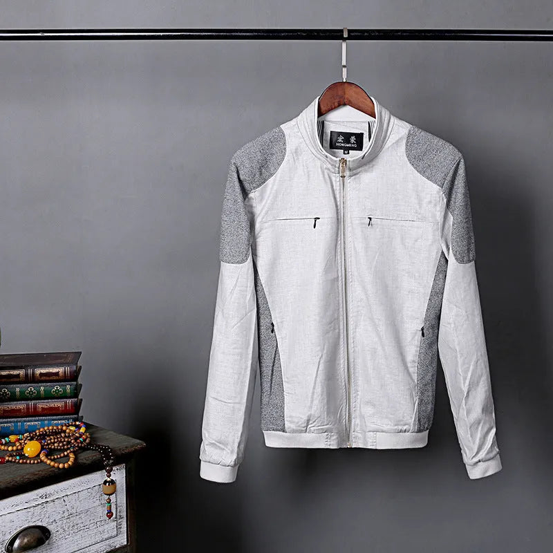 Men's thin cotton linen jacket in heather grey, grass green, and blue colours with regular cut