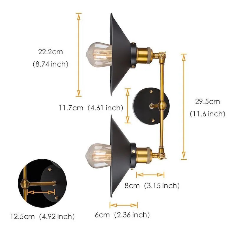 Black iron retro industrial style wall lamp with two adjustable light heads.