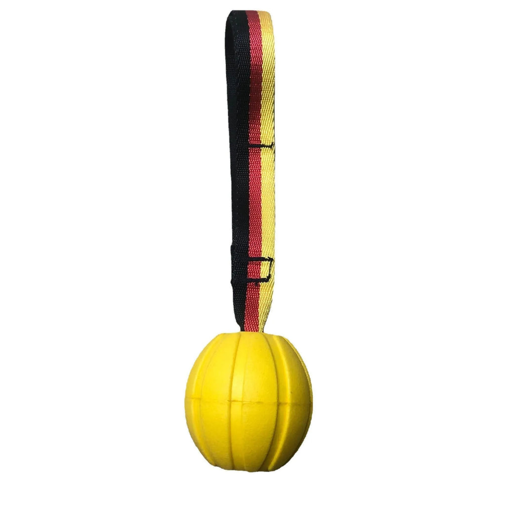 Floating EVA tetherball dog toy in yellow with attached retrieval string on water surface