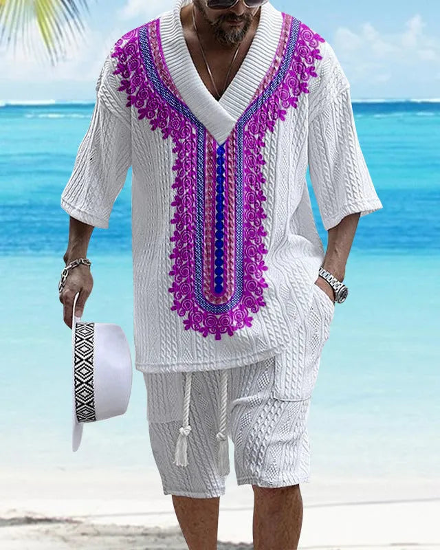 Men's printed drop-shoulder knitted shorts suit in polyester blend fabric