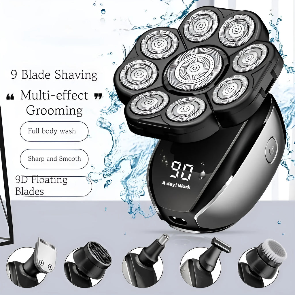 Black 6-in-1 rechargeable hair clipper and shaver set with multiple attachments on display