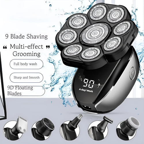 Black 6-in-1 rechargeable hair clipper and shaver set with multiple attachments on display